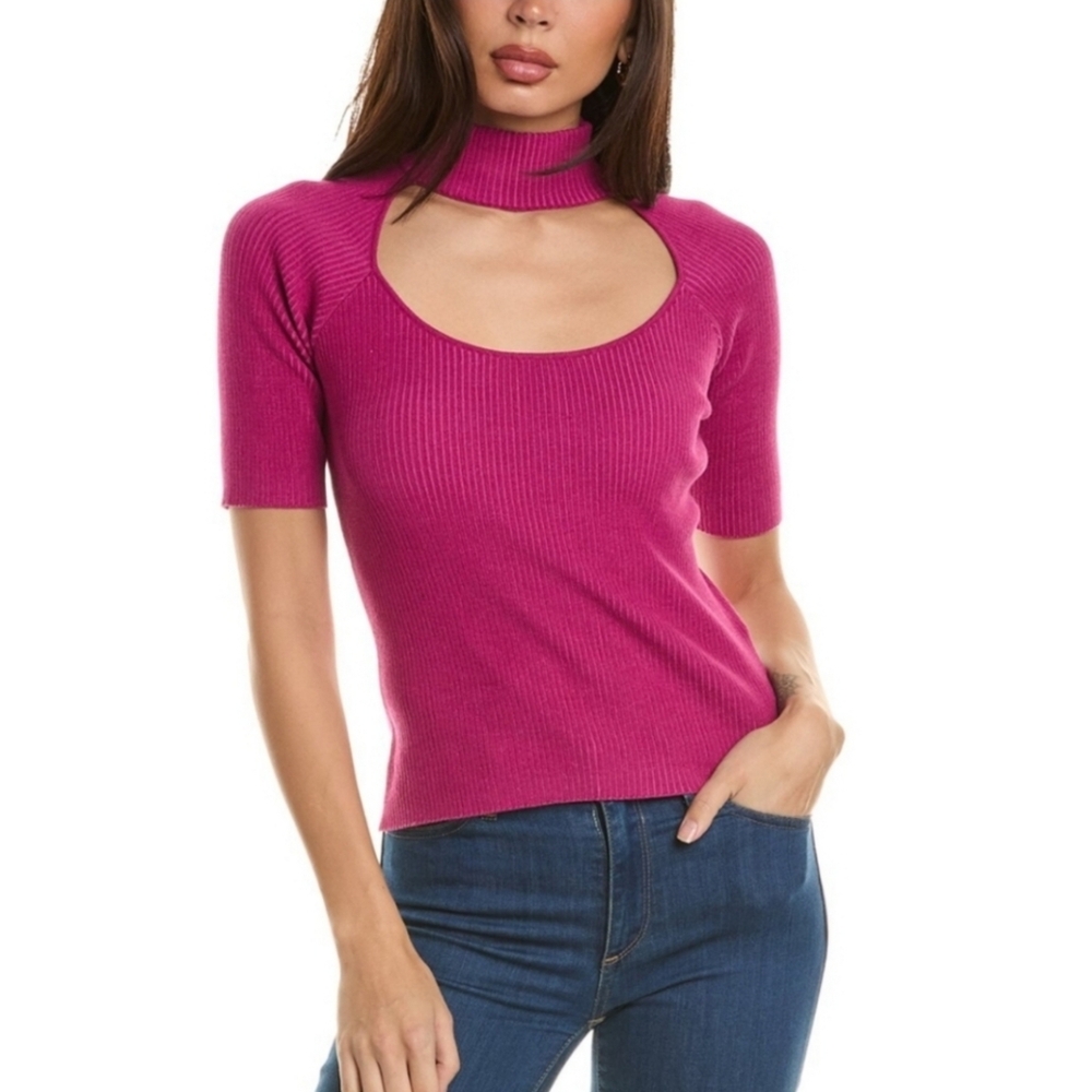 NWT Monrow Two Ribbed Cutout Short Sleeve Sweater Size Small In Raspberry Rose - Picture 1 of 7